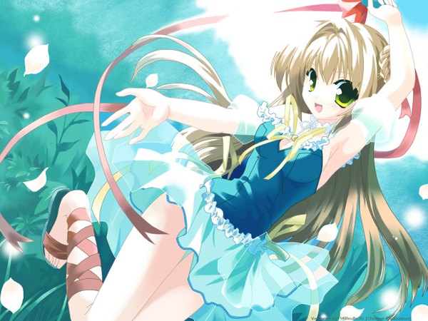 Anime picture 1600x1200 with sorairo no organ (game) lefeuille minase lin mifeulle30 single long hair looking at viewer open mouth brown hair standing green eyes outdoors braid (braids) :d arm up hair bun (hair buns) outstretched arm standing on one leg vector third-party edit