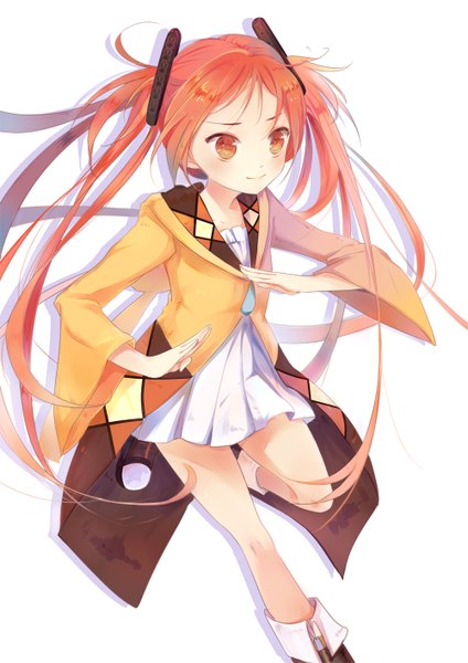 Anime picture 1000x1414 with black bullet kinema citrus aihara enju yuxia xianyin single long hair tall image blush simple background smile white background twintails brown eyes looking away red hair leg lift (legs lift) fighting stance girl hair ornament boots