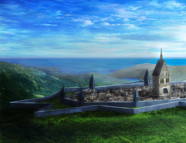 Anime picture 2000x1547 with original pixiv fantasia pixiv fantasia v vdkingdom highres sky cloud (clouds) city horizon cityscape mountain landscape water building (buildings) wall