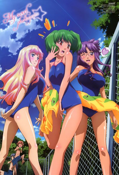 Anime picture 1300x1911 with macross macross frontier sheryl nome ranka lee saotome alto matsuura nanase luca angeloni long hair tall image blush blue eyes light erotic blonde hair smile red eyes brown hair standing purple eyes multiple girls green eyes