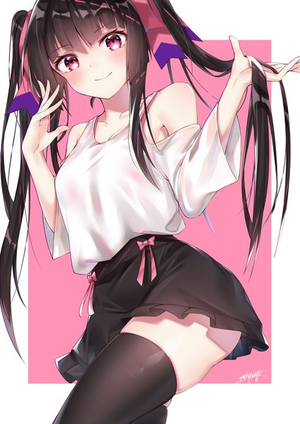Anime picture 2894x4093 with senki zesshou symphogear satelight tsukuyomi shirabe niyu n iyun single long hair tall image looking at viewer blush highres light erotic black hair simple background smile standing twintails bare shoulders signed payot pink eyes