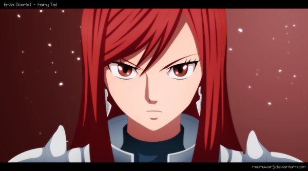 Anime picture 2700x1500 with fairy tail erza scarlet jbeenz single long hair highres wide image brown eyes red hair coloring portrait letterboxed face red background girl earrings