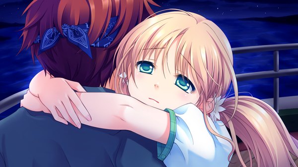 Anime picture 1280x720 with astraythem ginta long hair blonde hair brown hair wide image twintails green eyes game cg couple hug girl boy