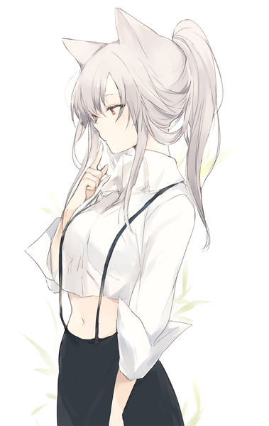 Anime picture 636x1005 with original lpip single long hair tall image fringe simple background hair between eyes standing white background brown eyes animal ears payot looking away silver hair ponytail profile cat ears midriff finger to mouth