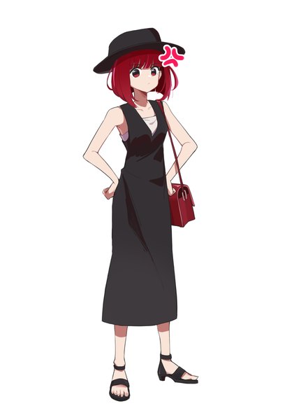 Anime picture 2068x2949 with oshi no ko arima kana ki26 single tall image highres short hair simple background red eyes white background full body red hair sleeveless hands on hips anger vein girl dress hat black dress sandals