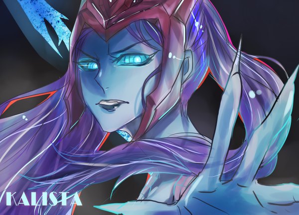 Anime picture 2952x2125 with league of legends kalista (league of legends) anya80419 single long hair looking at viewer highres blue eyes purple hair glowing face glowing eye (eyes) blue skin girl helmet