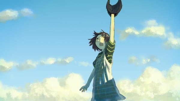 Anime picture 1000x562 with original mizu asato single blush short hair open mouth brown hair wide image brown eyes sky cloud (clouds) striped baseball girl baseball mitt