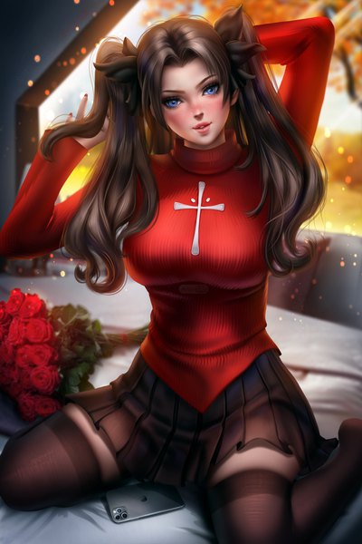 Anime picture 2666x4000 with fate (series) fate/stay night apple inc. toosaka rin ayyasap single long hair tall image looking at viewer blush fringe highres breasts blue eyes black hair large breasts sitting signed bent knee (knees) indoors
