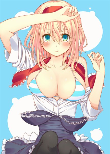 Anime picture 756x1051 with touhou alice margatroid uro single tall image blush short hair breasts light erotic simple background blonde hair smile large breasts green eyes cleavage arm up open clothes striped swimsuit under clothes girl