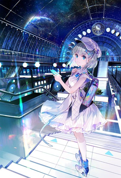 Anime picture 1090x1600 with original fuzichoco tall image looking at viewer fringe short hair blue eyes smile standing holding silver hair full body short sleeves high heels solo focus space girl skirt hair ornament hat