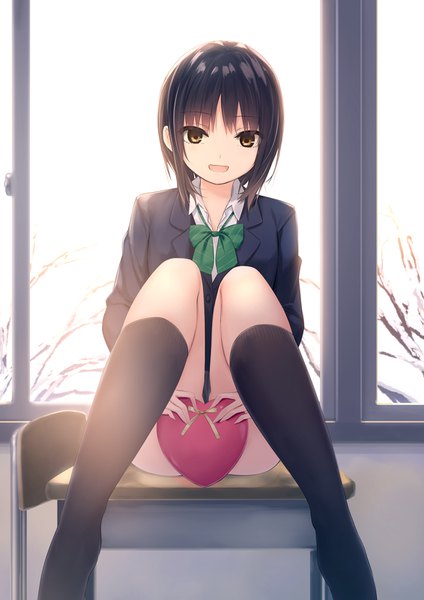 Anime picture 1132x1600 with original aoyama sumika coffee-kizoku single tall image looking at viewer short hair open mouth light erotic black hair smile sitting holding brown eyes bent knee (knees) indoors :d snow open collar covering