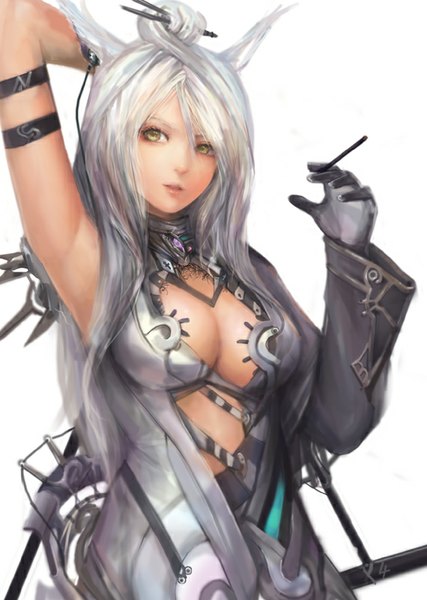 Anime picture 570x800 with original misshu single long hair tall image breasts light erotic large breasts holding yellow eyes looking away white hair open clothes open shirt girl gloves hair ornament shirt