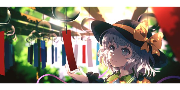 Anime picture 1600x800 with touhou komeiji koishi dise single fringe short hair hair between eyes wide image looking away outdoors arm up fingernails light smile grey hair sunlight grey eyes depth of field letterboxed shaded face girl