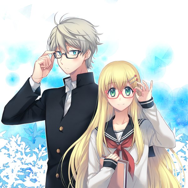 Anime picture 1250x1250 with aldnoah.zero a-1 pictures slaine troyard asseylum vers allusia tagme (artist) long hair looking at viewer blush fringe short hair blue eyes blonde hair smile green eyes white hair couple adjusting glasses bespectacled girl boy