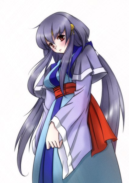 Anime picture 849x1200 with tenchi muyou! anime international company masaki aeka jurai unitaisho single long hair tall image looking at viewer blush fringe breasts simple background hair between eyes red eyes standing white background twintails purple hair ahoge long sleeves