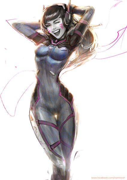 Anime picture 1333x1886 with overwatch blizzard entertainment d.va (overwatch) ivan tao single tall image looking at viewer fringe breasts open mouth light erotic brown hair white background brown eyes one eye closed wink arms up teeth thigh gap facial mark
