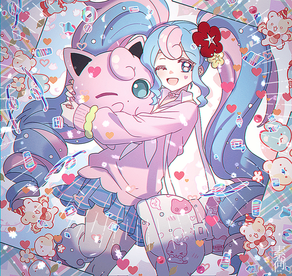 Anime picture 1155x1091 with pokemon vocaloid nintendo project voltage hatsune miku jigglypuff fairy miku (project voltage) soha blan single looking at viewer open mouth blue eyes twintails blue hair pink hair very long hair one eye closed multicolored hair hair flower two-tone hair