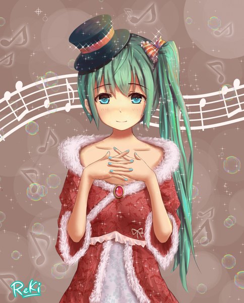 Anime picture 1372x1700 with vocaloid hatsune miku reki (lichk) single long hair tall image looking at viewer blush blue eyes ponytail aqua hair side ponytail girl dress bow hair bow hat