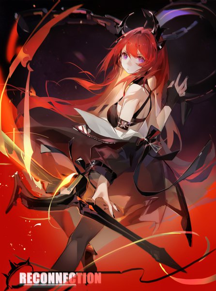 Anime picture 2410x3238 with arknights surtr (arknights) claw (rjtd7274) single long hair tall image fringe highres hair between eyes purple eyes looking away red hair nail polish horn (horns) girl weapon pantyhose sword black pantyhose infection monitor (arknights)