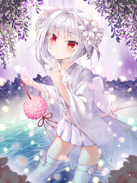 Anime picture 3000x4000 with azur lane yukikaze (azur lane) yukikaze (spring's warmth) (azur lane) ichizon single tall image looking at viewer blush fringe highres short hair red eyes holding animal ears silver hair traditional clothes japanese clothes hair flower cat ears wide sleeves
