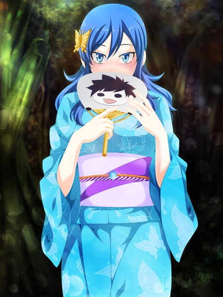 Anime picture 3600x4800 with fairy tail juvia lockser salim202 single long hair tall image blush highres blue eyes blue hair absurdres traditional clothes japanese clothes sunlight embarrassed coloring sunbeam girl hair ornament plant (plants)