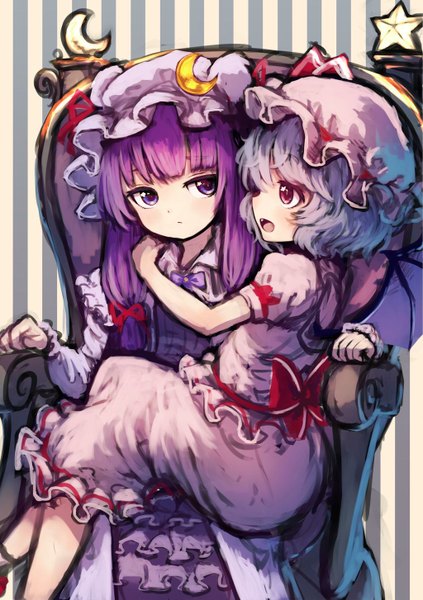 Anime picture 1024x1453 with touhou remilia scarlet patchouli knowledge pyonsuke (pyon2 mfg) long hair tall image blush fringe short hair open mouth red eyes sitting purple eyes multiple girls looking away purple hair long sleeves profile short sleeves fang (fangs)
