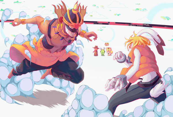 Anime picture 2000x1352 with summer wars madhouse king kazuma love machine yakitori (artist) highres blonde hair red eyes cloud (clouds) teeth tattoo bunny ears grin topless jumping bunny tail sharp teeth face paint battle pants