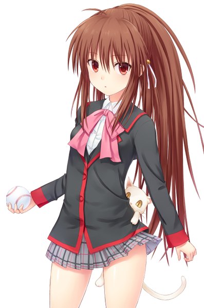 Anime picture 970x1465 with little busters! key (studio) natsume rin n.g. single long hair tall image looking at viewer simple background red eyes brown hair white background ponytail girl uniform school uniform animal cat ball baseball (ball)