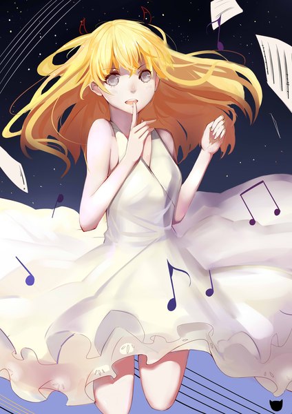 Anime picture 762x1077 with shigatsu wa kimi no uso a-1 pictures miyazono kaori h.l. single long hair tall image fringe open mouth blonde hair bare shoulders bent knee (knees) horn (horns) night grey eyes night sky finger to mouth jumping girl dress