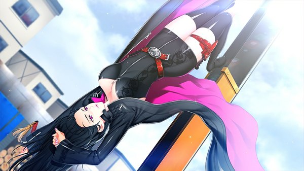 Anime picture 1024x576 with sanzen sekai yuugi nakahara tomoe single long hair light erotic black hair wide image purple eyes game cg sky cloud (clouds) nail polish fingernails lipstick city long fingernails girl weapon sword thigh boots