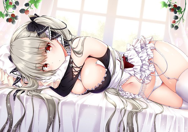 Anime picture 900x630 with azur lane formidable (azur lane) murasaki-neko single long hair looking at viewer fringe breasts light erotic hair between eyes red eyes large breasts twintails bare shoulders payot indoors lying grey hair :o shiny skin