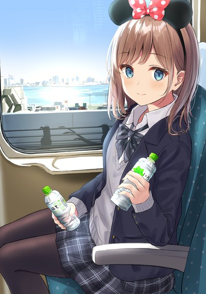 Anime picture 1055x1500 with original burenbo single tall image looking at viewer blush fringe short hair blue eyes smile brown hair sitting holding animal ears sky plaid skirt fake animal ears mouse ears train interior girl