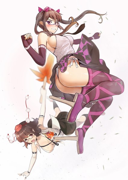 Anime picture 827x1168 with touhou shameimaru aya himekaidou hatate tkln long hair tall image open mouth light erotic brown hair twintails multiple girls brown eyes cleavage ass pointy ears open clothes open shirt embarrassed sideboob flying