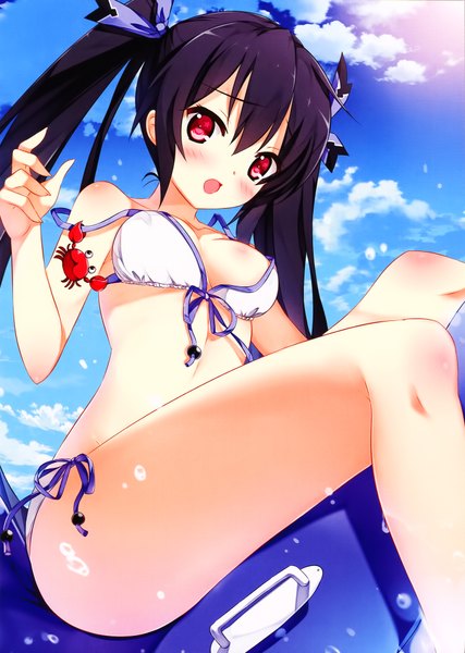 Anime picture 1430x2009 with choujigen game neptune noire kaho okashii single long hair tall image blush fringe breasts open mouth light erotic black hair hair between eyes red eyes twintails sky cloud (clouds) scan girl swimsuit