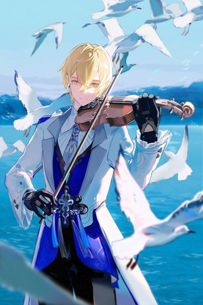 Anime picture 1300x1950 with forever 7th capital yukiri (forever 7th capital) lirseven single tall image fringe short hair blonde hair hair between eyes standing yellow eyes sky outdoors playing instrument boy gloves animal black gloves sea bird (birds)