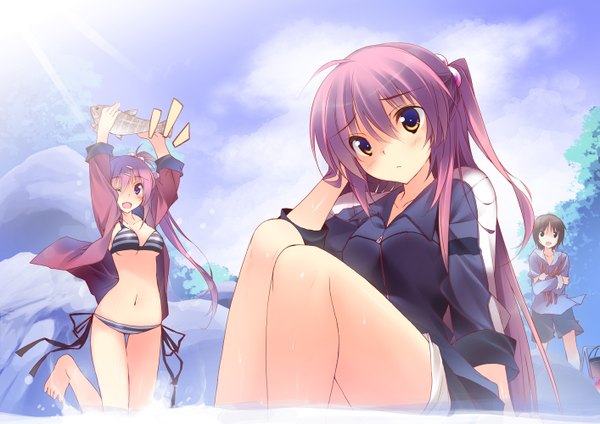 Anime picture 1414x1000 with little busters! key (studio) saigusa haruka futaki kanata naoe riki kuwashima rein long hair short hair black hair purple eyes multiple girls yellow eyes purple hair one eye closed wink girl navel swimsuit bikini 3 girls