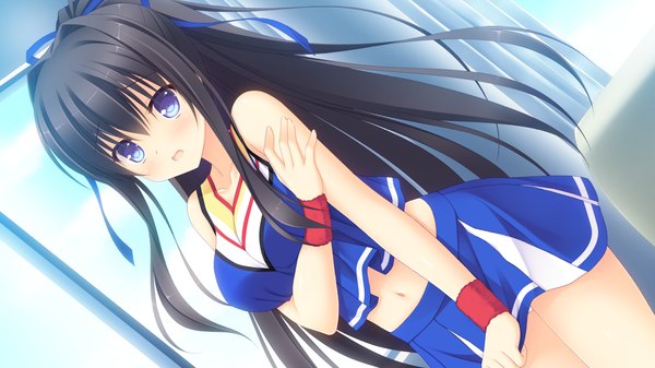 Anime picture 1280x720 with sora tobu hitsuji to manatsu no hana fujigasaki mea takano yuki (allegro mistic) single long hair looking at viewer blush breasts open mouth blue eyes black hair wide image large breasts bare shoulders game cg cloud (clouds) ponytail bare belly embarrassed cheerleader