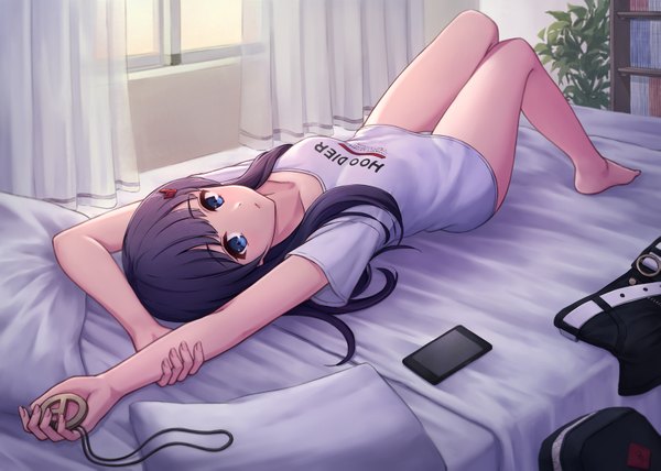 Anime picture 1653x1181 with original hoodier single long hair looking at viewer fringe breasts blue eyes light erotic holding signed payot purple hair full body bent knee (knees) indoors lying blunt bangs parted lips sunlight