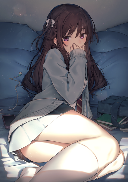 Anime picture 724x1023 with 22/7 a-1 pictures tachikawa ayaka nagareboshi single long hair tall image looking at viewer blush fringe light erotic hair between eyes brown hair purple eyes payot bent knee (knees) lying pleated skirt open clothes thighs