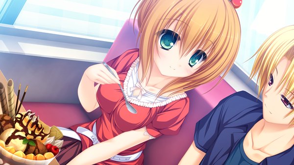 Anime picture 1920x1080 with justy nasty whirlpool (studio) kamui mikaru mikagami mamizu highres short hair open mouth blonde hair red eyes wide image green eyes game cg orange hair girl dress boy food