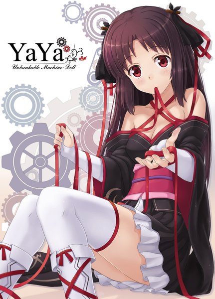 Anime picture 1007x1400 with machine-doll wa kizutsukanai yaya (machine-doll) npcpepper single long hair tall image looking at viewer blush black hair red eyes bare shoulders traditional clothes japanese clothes girl thighhighs bow ribbon (ribbons) hair bow white thighhighs kimono
