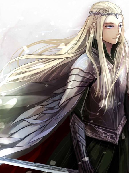 Anime picture 600x800 with the hobbit thranduil aiha-deko single long hair tall image blue eyes standing holding looking away wind elf boy weapon petals sword armor spaulder (spaulders) circlet