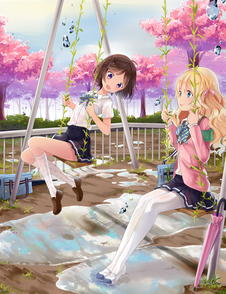 Anime picture 900x1165 with original hitsukuya long hair tall image short hair blue eyes black hair blonde hair purple eyes multiple girls girl skirt uniform 2 girls plant (plants) school uniform pantyhose tree (trees) socks white socks