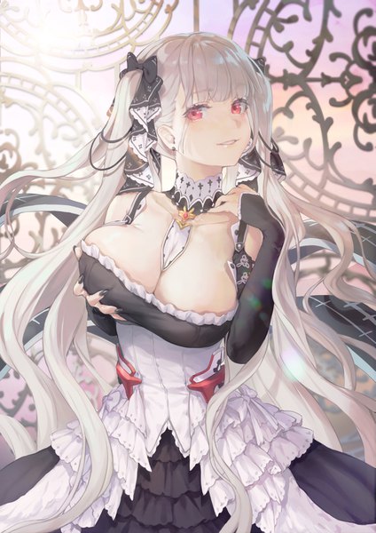 Anime picture 2489x3520 with azur lane formidable (azur lane) bibimbub single tall image looking at viewer fringe highres breasts light erotic red eyes large breasts cleavage silver hair blunt bangs very long hair breast grab girl bow hair bow