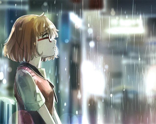 Anime picture 1008x804 with kyoukai no kanata kyoto animation kuriyama mirai mimi n (futarinokizuna) single short hair brown hair brown eyes profile looking up rain girl uniform school uniform glasses sweater vest