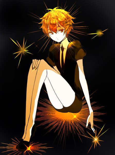 Anime picture 1340x1800 with houseki no kuni zircon (houseki no kuni) kayanogura single tall image fringe short hair hair between eyes sitting looking away full body nail polish orange hair orange eyes puffy sleeves black background hand on knee androgynous necktie