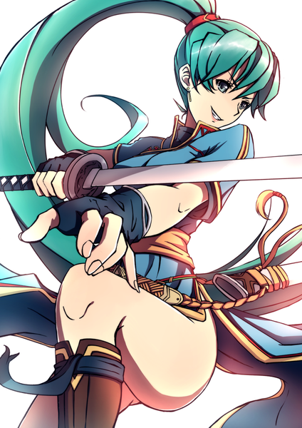 Anime picture 744x1052 with fire emblem fire emblem: the blazing blade nintendo lyndis (fire emblem) hananon single tall image fringe light erotic ponytail very long hair aqua eyes green hair girl gloves weapon earrings sword fingerless gloves katana