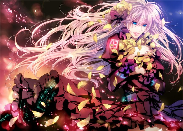 Anime picture 1050x750 with vocaloid megurine luka yutif (artist) single long hair blue eyes pink hair hair flower girl dress hair ornament bow hair bow petals