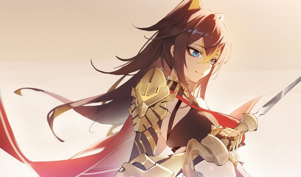 Anime picture 1800x1058 with genshin impact dehya (genshin impact) j fang single long hair fringe highres blue eyes simple background smile hair between eyes brown hair wide image looking away upper body multicolored hair wind streaked hair girl armor