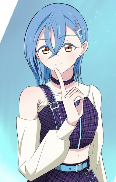Anime-Bild 1785x2812 mit hello!!! love live! sunrise (studio) love live! wakana shiki tabi139 single tall image looking at viewer highres short hair simple background smile standing blue hair long sleeves off shoulder midriff orange eyes finger to mouth blue background